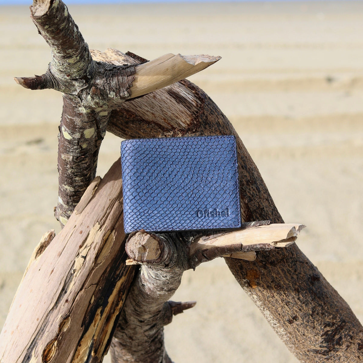 Fish leather wallet showing the half-fish logo detail